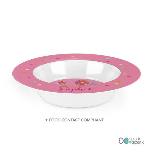 Spark & Spark Birthday Pop Kids Bowl, white bowl with a pink decorated border featuring colorful confetti, balloons, and stars designed for children's birthdays.