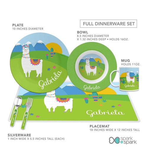 Spark & Spark Llama Land Kids Bowl with a scenic llama and mountain design, personalized with the name Gabriela, part of a full dining set including a plate, mug, and placemat.