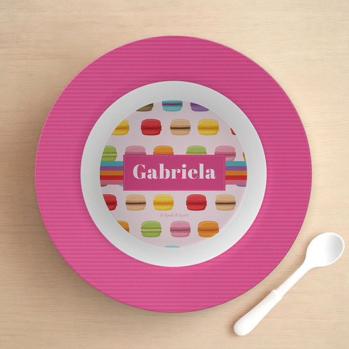 Spark & Spark Macaron Party Kids Bowl, pink bowl with colorful macaroon pattern and personalized name Gabrela on the front.