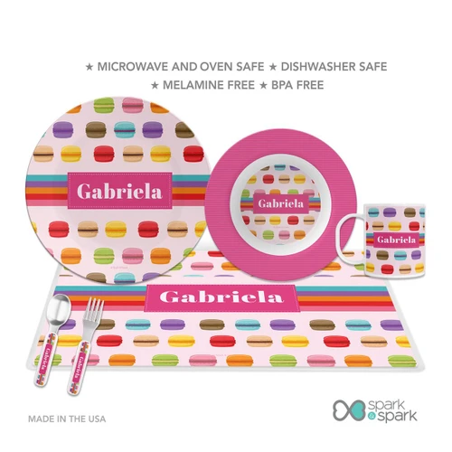 Spark & Spark Macaron Party Kids Bowl, colorful and playful children's dishware set with macarons pattern and personalized name 'Gabriela'.