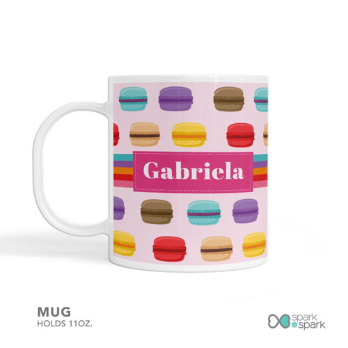 Spark & Spark Macaron Party Kids Bowl, personalized ceramic mug with colorful macarons and the name Gabriela on a pink background, holds 11 ounces.