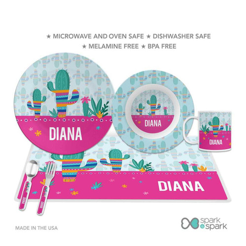 Spark & Spark Cactus Fiesta Kids Bowl, colorful cactus-themed children's dinnerware set with plate, bowl, and mug featuring personalized name 'Diana' and matching utensils.