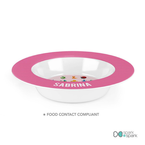 Spark & Spark Animal ABC Pink Kids Bowl, pink and white children's bowl featuring colorful animal characters and personalized with the name Sabrina.