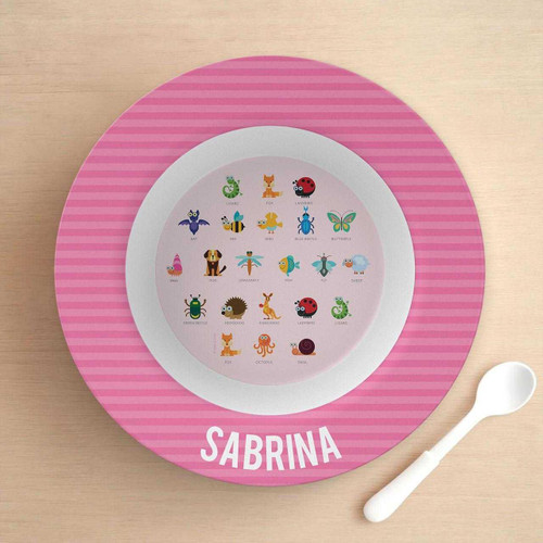 Spark & Spark Animal ABC Pink Kids Bowl, pink and white educational bowl with colorful animal alphabet illustrations and a matching spoon.