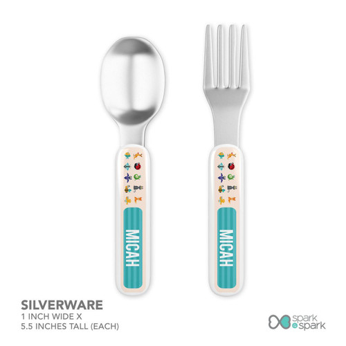 Spark & Spark Animal ABC Beige Kids Bowl, stainless steel spoon and fork with colorful animal illustrations on the handles.