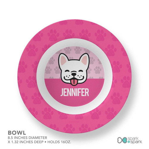 Spark & Spark Sweet Pink Pup Kids Bowl, personalized children's bowl with a cute cartoon dog face and the name Jennifer, 8.5 inches diameter, pink with paw print design, ideal for kids' meals.