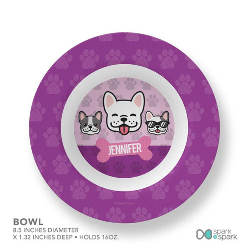 Spark & Spark Doggy Crew Purple Kids Bowl, colorful dog-themed children's bowl with cartoon dogs and the name Jennifer.