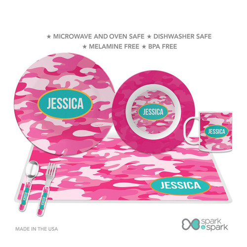 Spark & Spark Pink Camouflage Kids Bowl, matching plate, mug, and utensils set with pink camouflage pattern and personalized name Jessica.