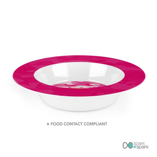Spark & Spark Pink Camouflage Kids Bowl, colorful children's bowl with pink camouflage pattern on the rim and white interior.