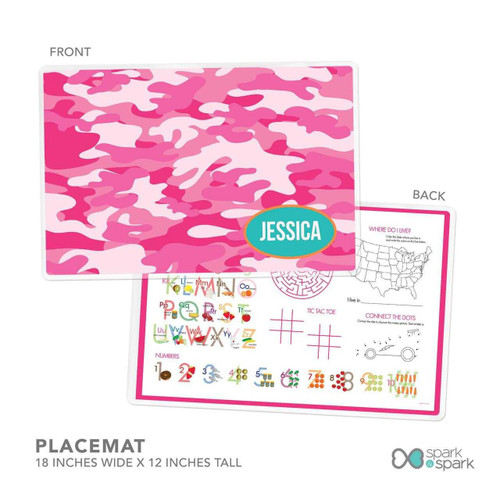 Spark & Spark Pink Camouflage Kids Bowl, pink camouflage pattern with personalized name 'Jessica' on the front side.