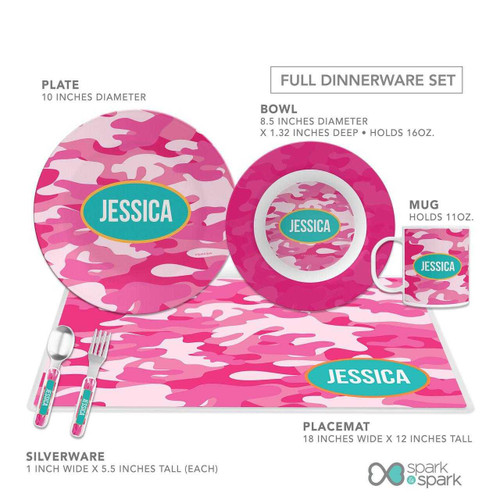 Spark & Spark Pink Camouflage Kids Bowl, pink camouflage pattern dinnerware set featuring a bowl, mug, plate, placemat, and silverware, personalized with the name Jessica.