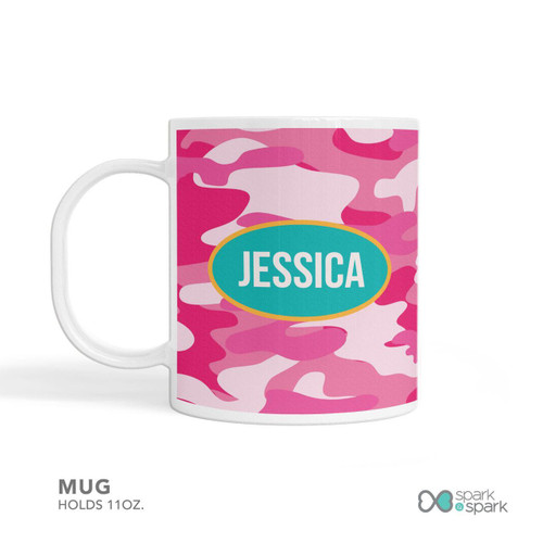 Spark & Spark Pink Camouflage Kids Bowl Mug with personalized name Jessica, 110 oz capacity, colorful pink camouflage pattern, and a white handle.