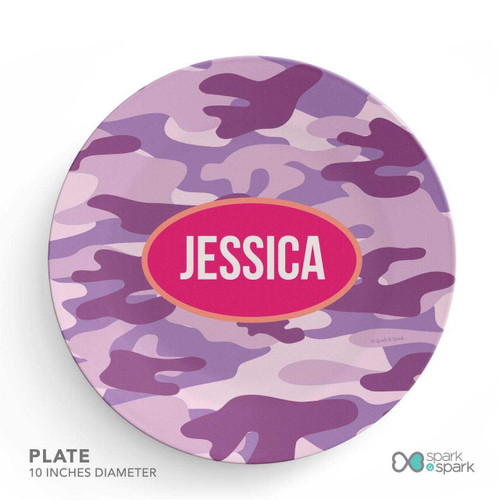 Spark & Spark Purple Camouflage Kids Bowl with personalized name Jessica, 10 inch diameter plate, vibrant purple camouflage pattern for children