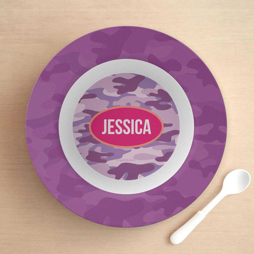 Spark & Spark Purple Camouflage Kids Bowl with personalized pink name label 'JESSICA' and a white spoon, designed for children.