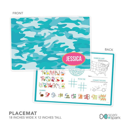 Spark & Spark Aqua Camouflage Kids Bowl, blue camouflage design with a pink and yellow name label and educational placemat with alphabet and numbers.