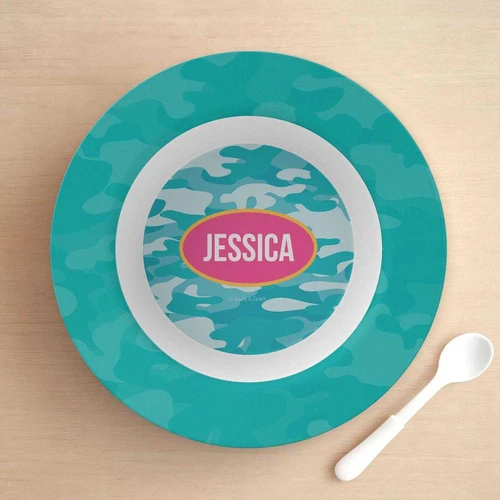 Spark & Spark Aqua Camouflage Kids Bowl, colorful camouflage pattern with personalized name Jessica in the center.