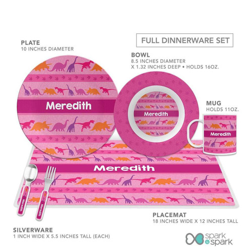 Spark & Spark Dinosaur Trails Girl Kids Bowl, Mug, Plate, and Placemat set with pink, purple, and orange dinosaur design personalized with the name 'Meredith'.