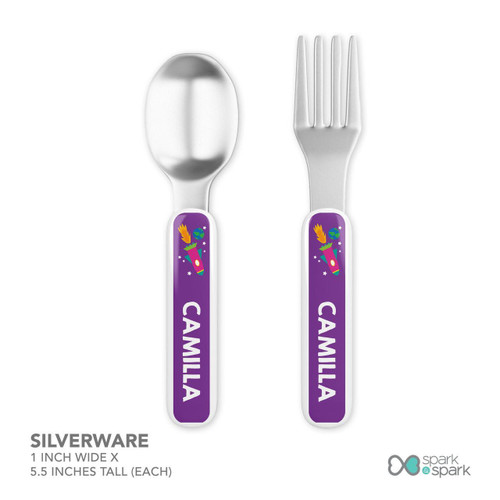 Spark & Spark Rocket Blast Kids Bowl and Spoon Set, silver-colored utensils with colorful Rocket and Space-themed handles for children.