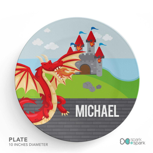 Spark & Spark Dragon Quest Kids Bowl, illustrated red dragon with a castle in the background, personalized with the name MICHAEL.