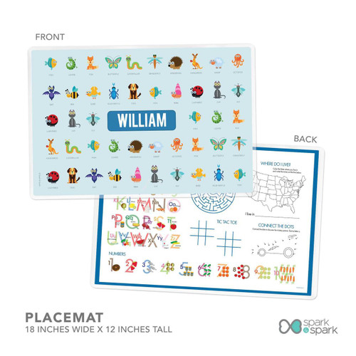 Spark & Spark Animal ABC Blue Kids Bowl, colorful children's educational placemat featuring animal illustrations, alphabet, and interactive activities.