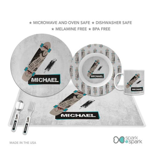 Spark & Spark Urban Skate Grey Kids Bowl, featuring skateboard-themed design with the name Michael and skateboard graphics on the dish, cup, and utensils, ideal for children's dining.
