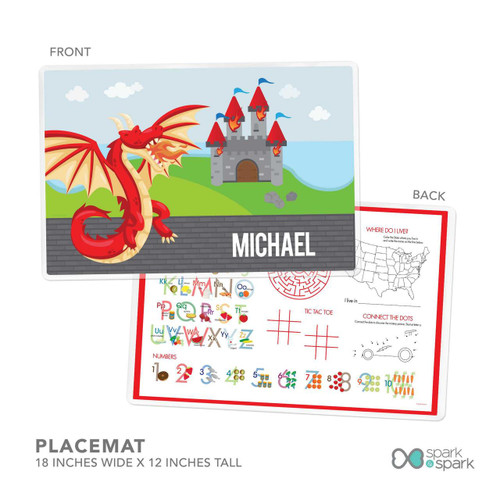 Spark & Spark Dragon Fire Personalized Boys Plate, featuring a colorful cartoon dragon and castle design with the name Michael on the front.