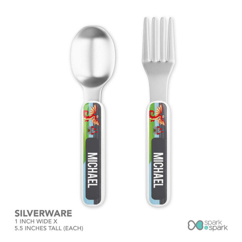 Spark & Spark Dragon Fire Personalized Boys Plate, stainless steel spoon and fork with dragon design and 'Michael' name on handles.