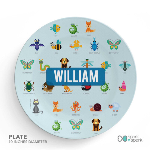 Spark & Spark Animal ABC Blue Personalized Boys Plate, round blue plate featuring colorful animal illustrations and the name William in the center.