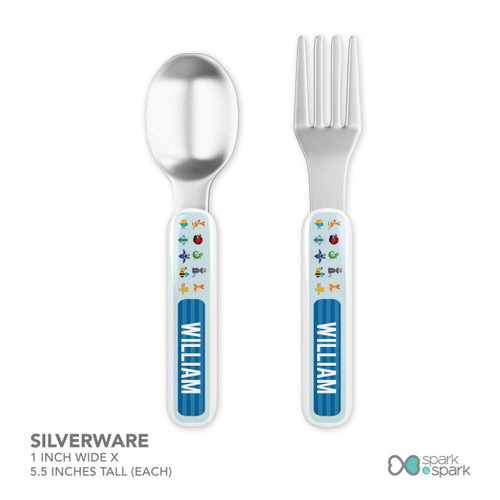 Spark & Spark Animal ABC Blue Personalized Boys Plate, stainless steel spoon and fork with colorful animal designs and 'WILLIAM' written on the handles.