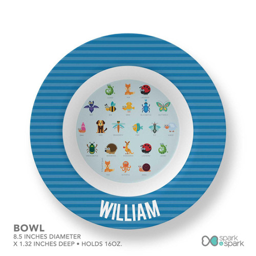Spark & Spark Animal ABC Blue Personalized Boys Plate, round blue and white children's plate featuring colorful animal illustrations and the name William.