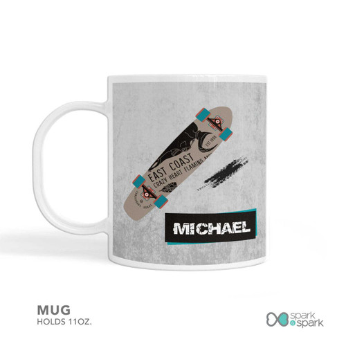 Spark & Spark Urban Skate Grey Personalized Boys Plate, a grey aluminum mug with a skateboard graphic and the name 'Michael' printed on it.