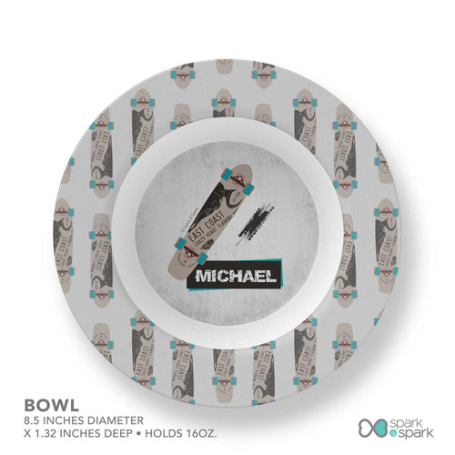 Spark & Spark Urban Skate Grey Personalized Boys Plate, round plate featuring a skateboard design and the name Michael, with a diameter of 8.5 inches.