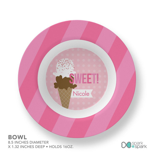Spark & Spark Sweet & Yummy Pink Kids Placemat, round pink kids' placemat featuring an ice cream cone design with sprinkles and the word 'SWEET!' along with a personalized name 'Nicole' in the center.