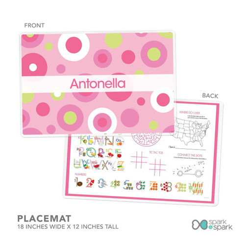 Spark & Spark Circles and Circles Pink Kids Placemat, pink placemat with colorful circles pattern and personalized name "Antonella" in the center, for children dining and activities.