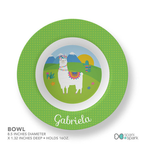 Spark & Spark Llama Land Kids Placemat, colorful illustrated llama with mountains and cacti background, personalized with the name Gabriela.