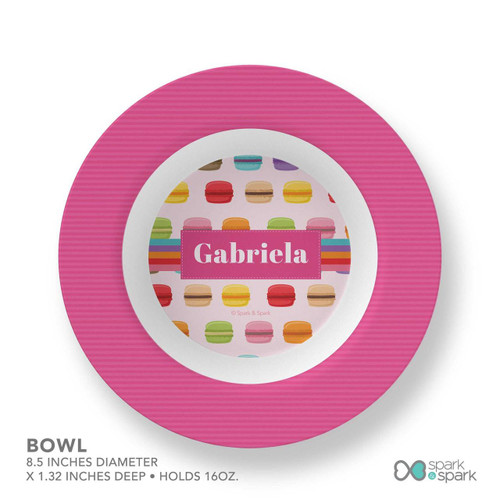 Spark & Spark Macaron Party Kids Placemat, pink children’s placemat with colorful macarons and personalized name Gabriela in the center.
