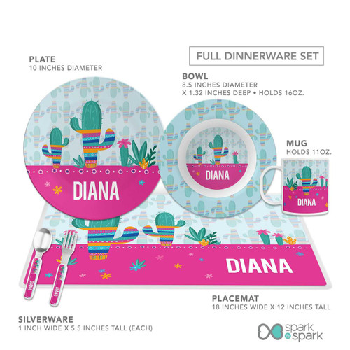 Spark & Spark Cactus Fiesta Kids Placemat, colorful cactus-themed children's placemat with personalized name 'Diana' at the bottom.