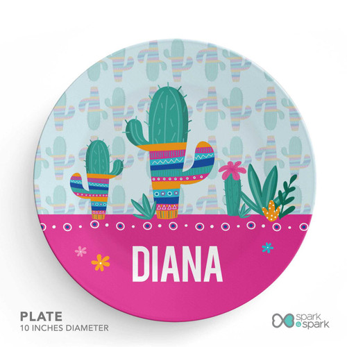 Spark & Spark Cactus Fiesta Kids Placemat, colorful cactus design with the name 'Diana' on a pink background