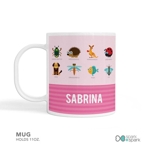 Spark & Spark Animal ABC Pink Kids Placemat, pink children's mug with animal alphabet illustrations and personalized name Sabrina.