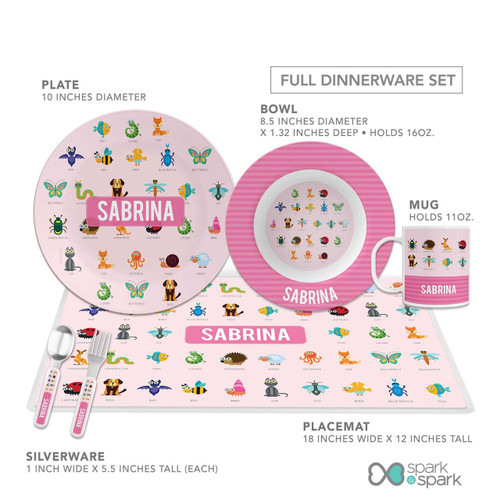 Spark & Spark Animal ABC Pink Kids Placemat, colorful children’s placemat with animal illustrations and personalized name Sabrina.