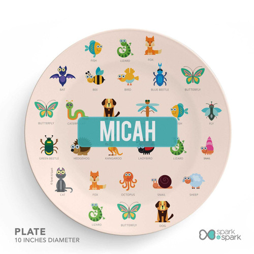 Spark & Spark Animal ABC Beige Kids Placemat, round educational kids' placemat featuring colorful animal illustrations with labels including fish, lizard, fox, bat, bee, bird, butterfly, cat, dog, and more, personalized with the name Micah.