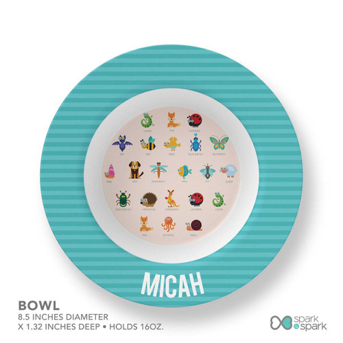 Spark & Spark Animal ABC Beige Kids Placemat, circular beige placemat with colorful animal alphabet illustrations and the name 'Micah' at the bottom