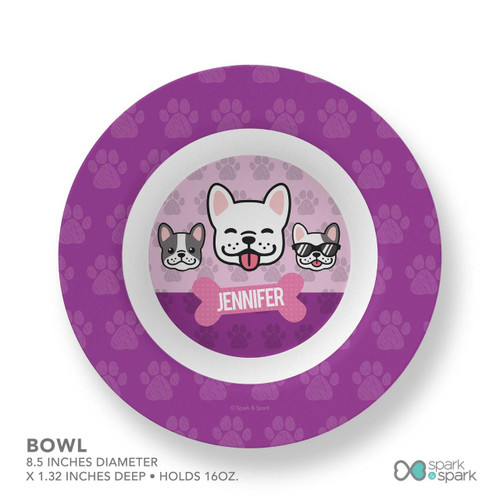 Spark & Spark Doggy Crew Purple Kids Placemat, round purple placemat featuring cartoon dog faces and paw prints with personalized name Jennifer.