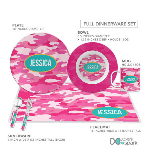 Spark & Spark Pink Camouflage Kids Placemat, a pink camouflage pattern with personalized name personalized 'Jessica' on dinnerware including a plate, bowl, mug, and placemat, designed for kids' mealtime.