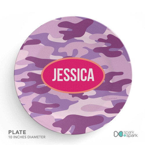 Spark & Spark Purple Camouflage Kids Placemat, round purple camouflage kids' placemat with a pink oval name tag in the center reading Jessica, 10 inches diameter.