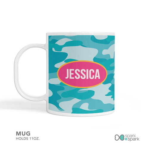 Spark & Spark Aqua Camouflage Kids Placemat, personalized with the name Jessica in pink on a camouflage background