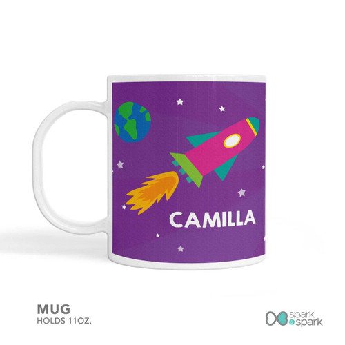 Spark & Spark Rocket Blast Girl Kids Placemat Mug with a space-themed design featuring a rocket and planet, personalized with the name Camilla