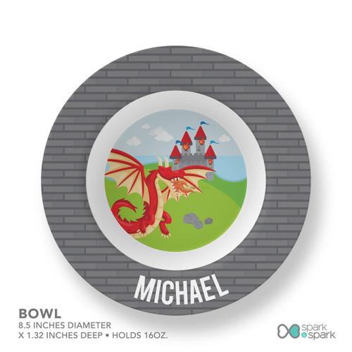 Spark & Spark Dragon Quest Kids Placemat, a circular children’s placemat featuring a colorful cartoon dragon in front of a castle with landscape and clouds in the background.