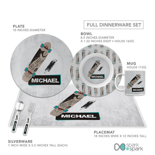 Spark & Spark Urban Skate Grey Kids Placemat, full dinnerware set including a plate, bowl, mug, and silverware with skateboarding design and a customizable name label.