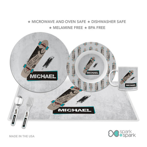 Spark & Spark Urban Skate Grey Kids Placemat, matching dinnerware set with skateboard design and personalized name label.